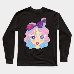 girl with bird on hair Long Sleeve T-Shirt